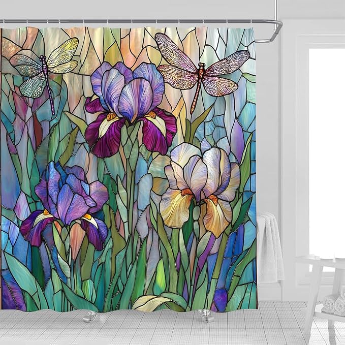 Stained Glass Shower Curtain Artistic Iris Dragonfly Purple Floral Green Leaves - Image 2
