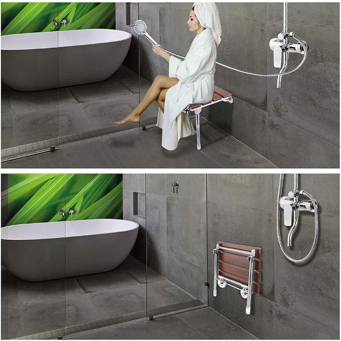 Folding Shower Seat Wall Mounted Bathroom Bathtub Safety Stool Chair, Solid Wood - Image 2