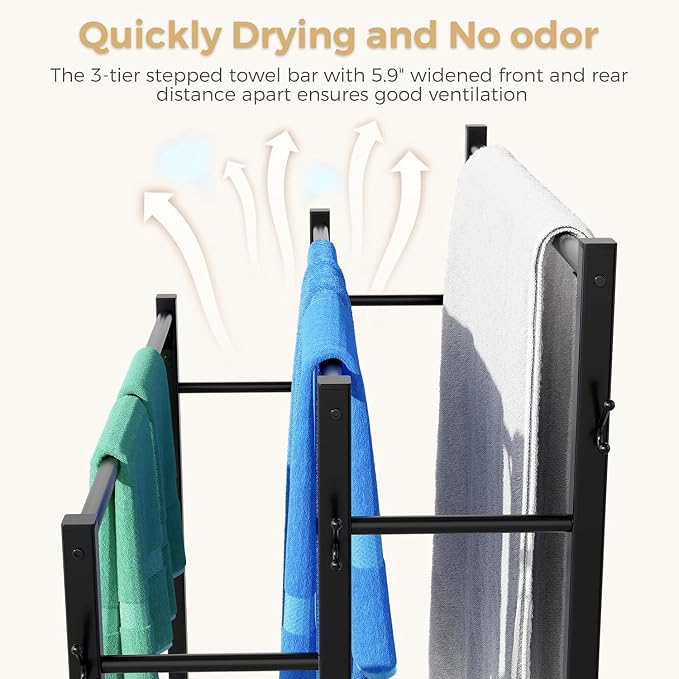 3 Tier Towel Rack with Large Storage & 6 Hooks, Blanket Rack - Image 5