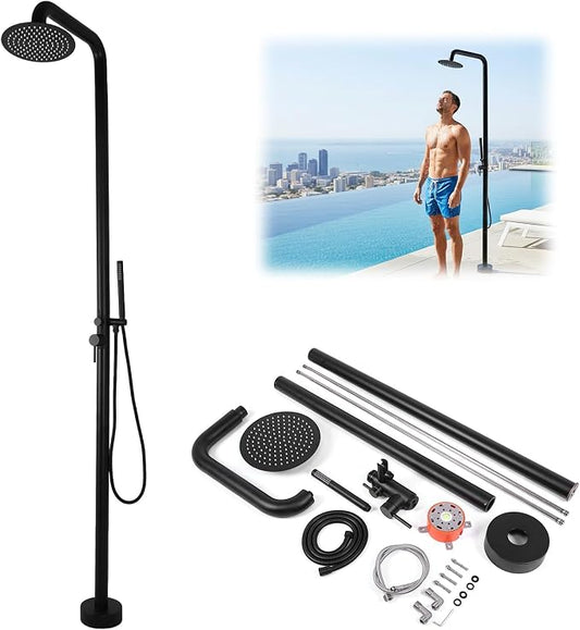 Freestanding Outdoor Shower Black, Height Adjustable Outside Showers by FASDRESS