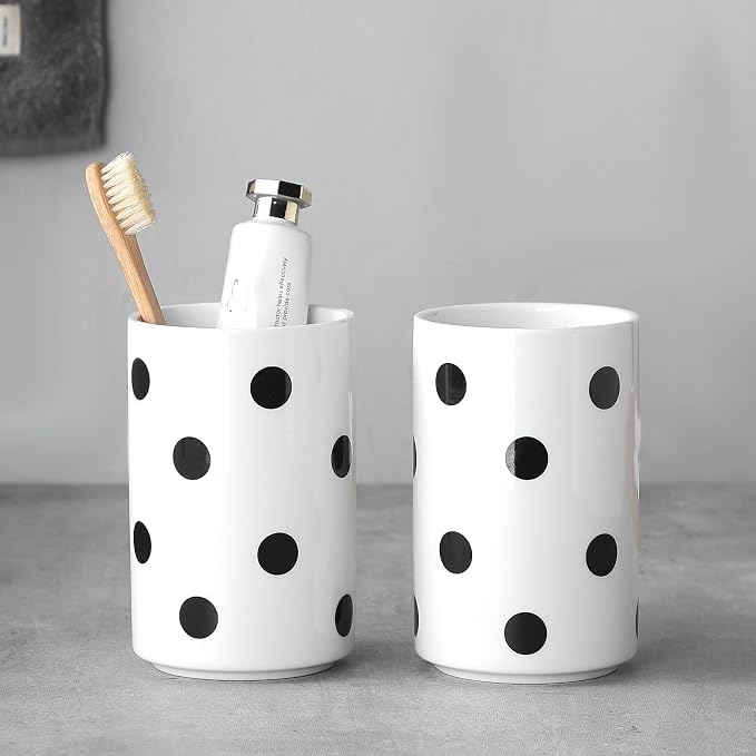 Black Polka Dot Ceramic Toothbrush Holders White by BSDISP