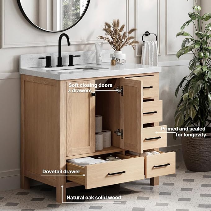 ARIEL Cambridge 37 Inch Oak Bathroom Vanity - Image 4