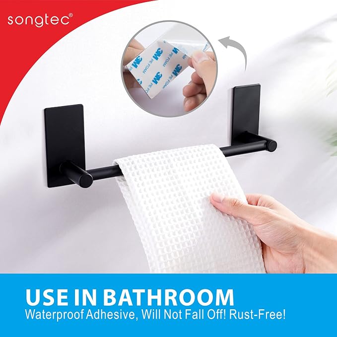 Adhesive Black Towel Bar 9-inch, Stick On Bath Towel Rack, Hand Towel Holders - Image 2