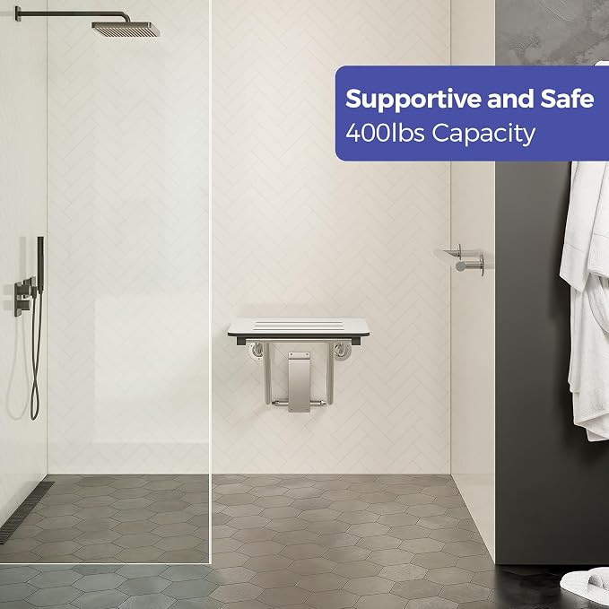 18" x 16" ADA Compliant Phenolic White Folding Shower Seat Bench, Wall Mount - Image 2