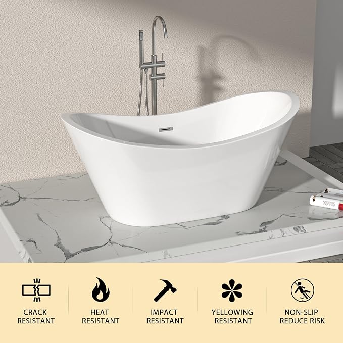 Logmey 59 Inch Freestanding Bathtub White Acrylic Oval Shape Soaking Tub - Image 6