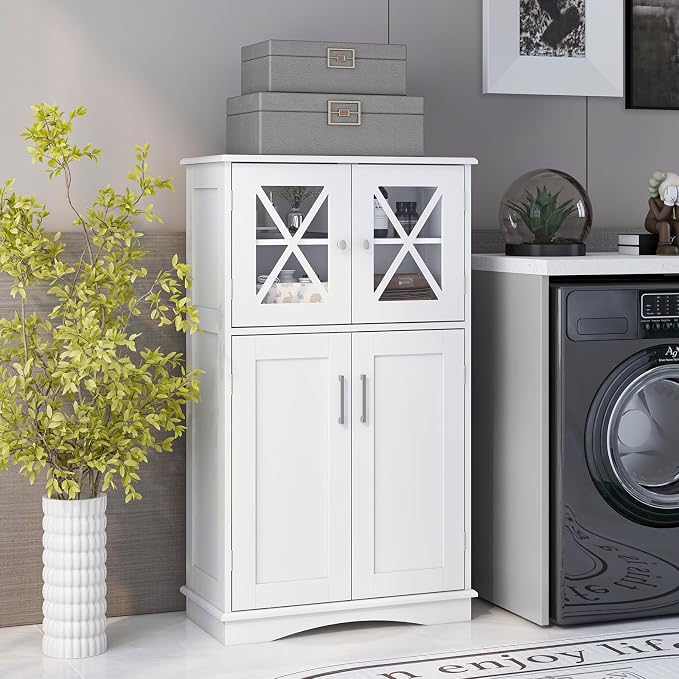 Tangkula Freestanding Floor Cabinet w/2 Glass Doors, 3-Level Adjustable Shelves - Image 4