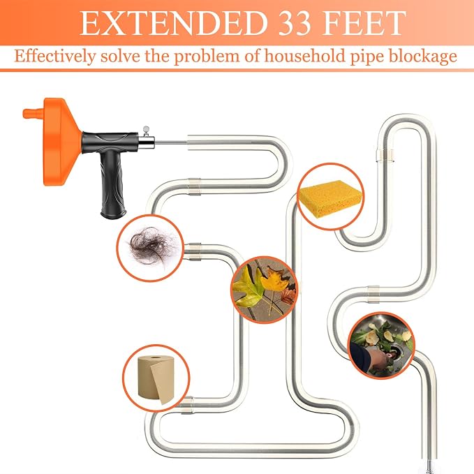 33 Feet Drain Snake Auger, Plumbing Snake Drain Hair Clog Removal Tool - Image 3