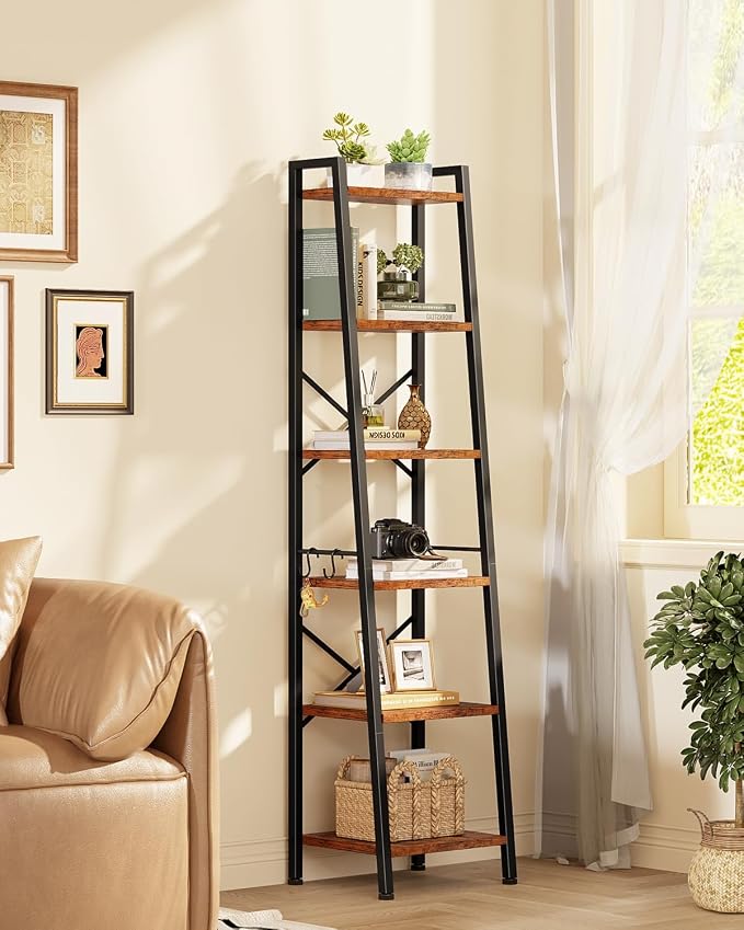Furologee 6 Tier Ladder Shelf Bookcase, Tall Ladder Bookshelf Narrow - Image 2