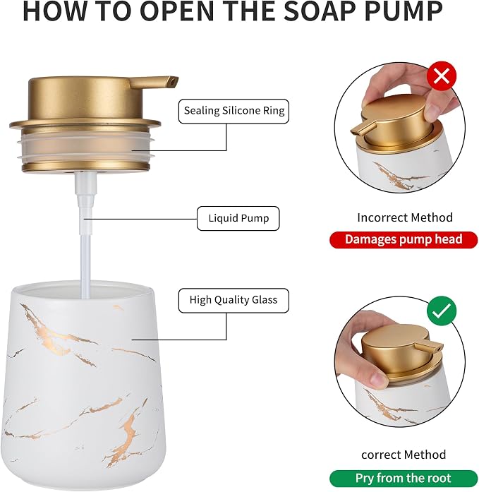 Enra Ceramic Gold Soap Dispenser, 12 oz Marble Hand Liquid Soap Dispenser - Image 3