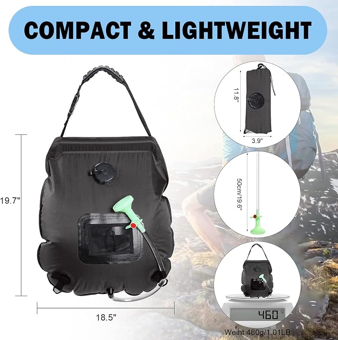 Solar Shower Bag | 5 Gal/20L Solar Heating Camping Shower Bag | Removable Hose - Image 6