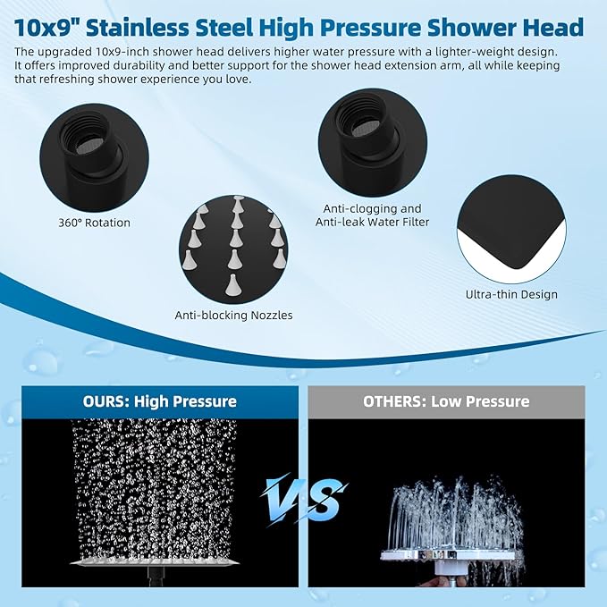 Hibbent All Metal Shower Head, 10 Sprays, Adhesive Showerhead Holder, Matte - Image 4