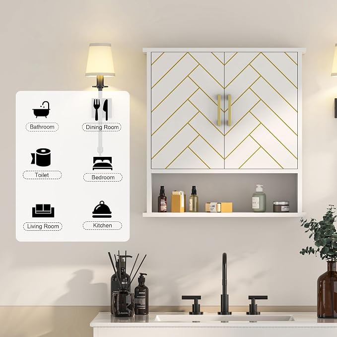 White Chevron Pattern Bathroom Wall Mount Cabinet, Stylish Hanging Medicine - Image 4
