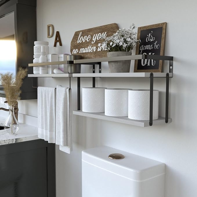 RICHER HOUSE 2+1 Tier Wall Mounted Floating Shelves Set of 2, Rustic Wood Wall - Image 5