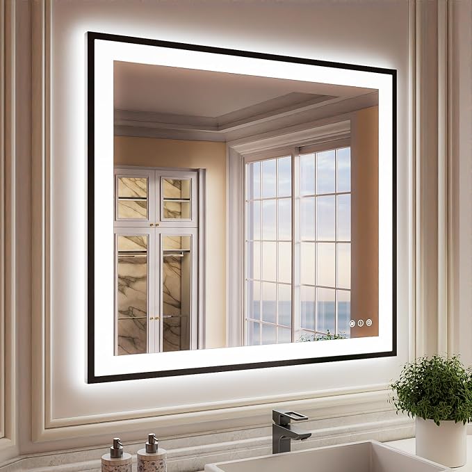 ISKM Framed LED Mirror for Bathroom 40"x38", Dimmable LED Bathroom Mirror by ISKM-IStillKeepMovin