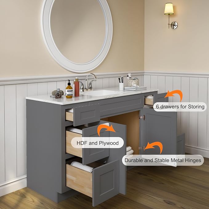ROOMTEC 60'' Shaker Gray Bathroom Vanity Cabinet - Image 4