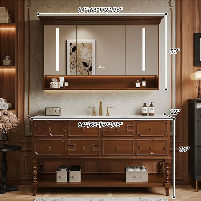 Solid Wood Bathroom Vanity 72Inch, Freestanding Bathroom Vanity Includes LED - Image 2