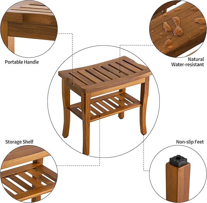 VaeFae Teak Shower Bench, Spa Bath Shower Stool - Image 5
