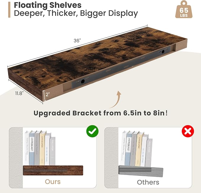 Heimlove 12" Deep Floating Shelves, 36 x 12 Inch Wall Mounted Long Floating - Image 3
