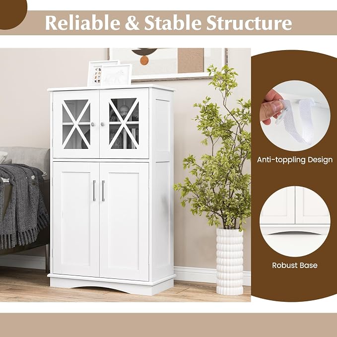 Tangkula Freestanding Floor Cabinet w/2 Glass Doors, 3-Level Adjustable Shelves - Image 6