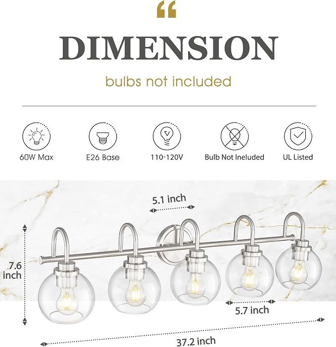 Bathroom Light Fixtures, 5-Light Brushed Nickel Vanity Lights Over Mirror - Image 2
