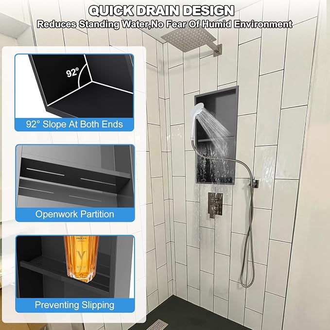 304 Stainless Steel Shower Niche Insert-Glossy Black 24 x 12" No Tile Needed - Image 4