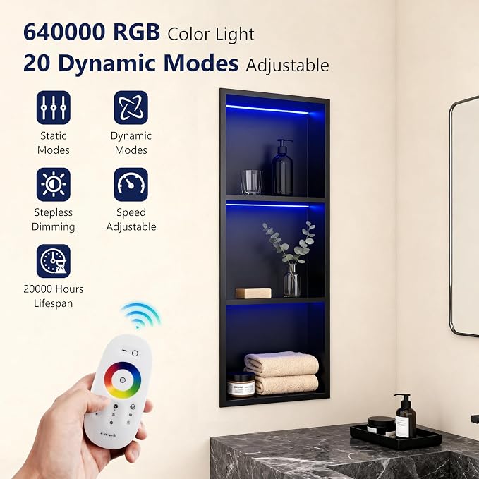 12" X 36" RGB LED Shower Niche No Tile Needed, 304 Stainless Steel Shower Niche - Image 3