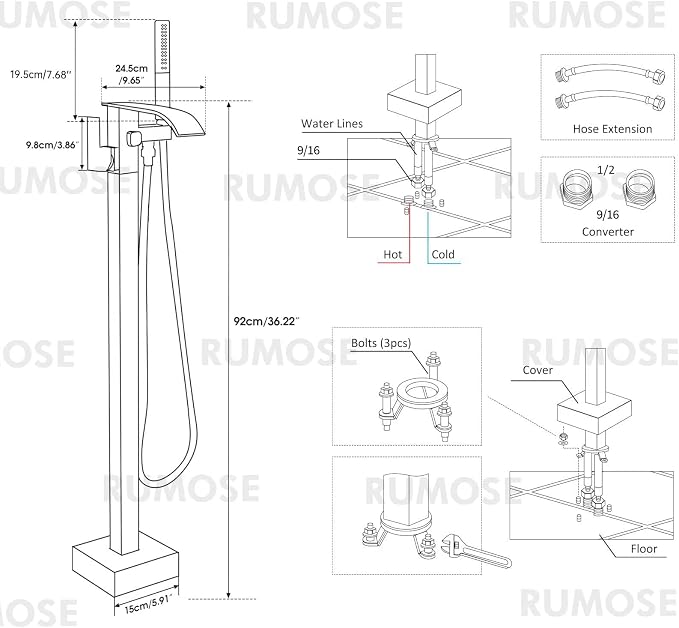 RUMOSE Tub Filler Freestanding Bathtub Faucet Brushed Nickel Floor Mount Tub - Image 7