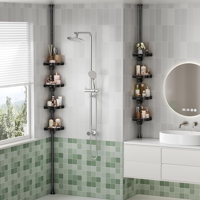 Tension Pole Shower Caddy Organizer with4 Tier L-Shaped Rust Resistant Bathroom - Image 8