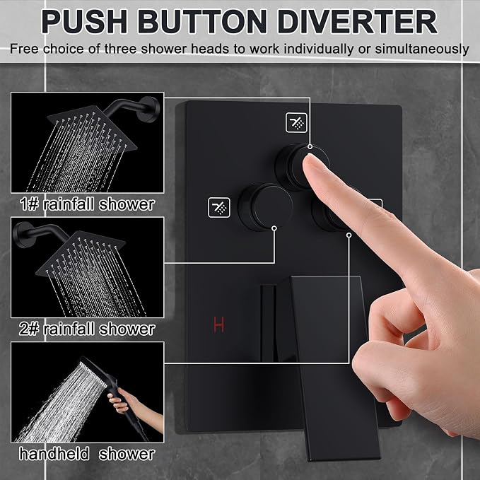 Iriber Shower Faucet Set Matte Black, Push Button Diverter Bathtub Shower System - Image 5