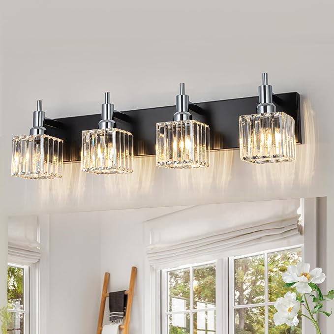 Black Chrome Bathroom Vanity Lights, Modern 4 Lights Crystal Bathroom Lighting by HUOKU