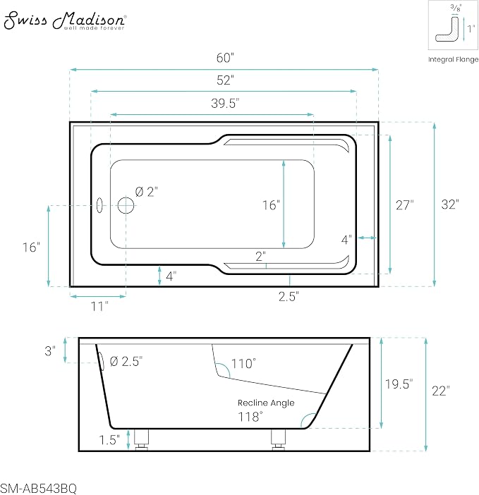Voltaire 60" X 32" Left-Hand Drain Alcove Bathtub - Image 8