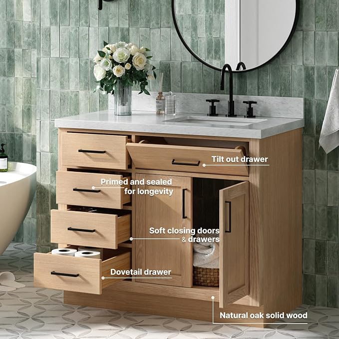 ARIEL Hepburn 43" Inch Oak Single Bathroom Vanity - Image 3