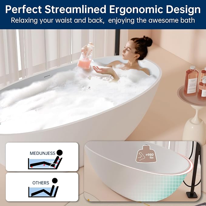 65'' Freestanding Bathtub Resin Stone Soaking Freestanding Tubs Matte Solid - Image 3