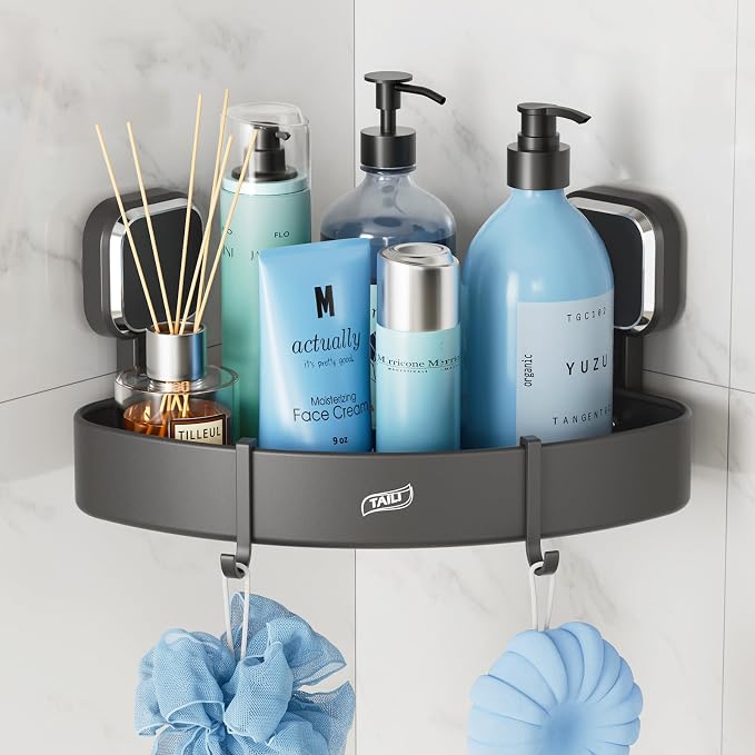 TAILI Corner Shower Caddy with Suction Cup Hooks, Aluminum Corner Shelf Basket， by TAILI