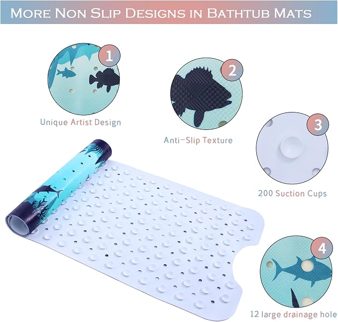 Blue Bathtub Mat Non Slip 40x16in Extra Long Bath Mat - Image 4