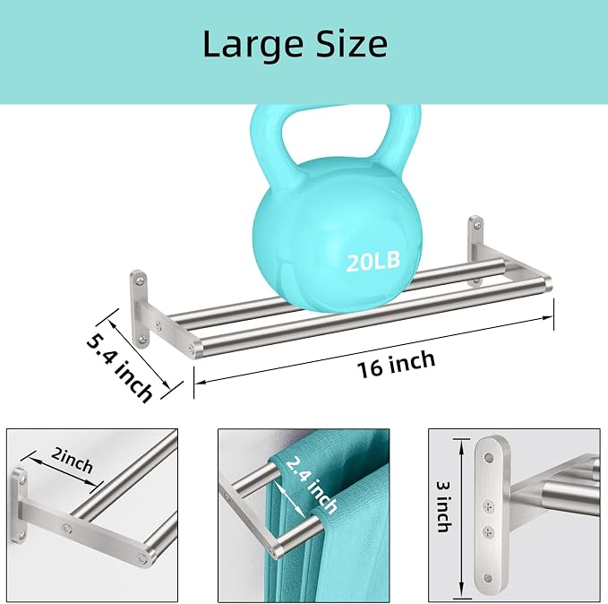 Taaji 16 Inch Towel Rack for Bathroom, Stainless Steel Double Towel Bar Rod - Image 2