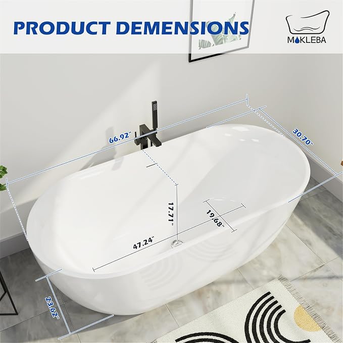 67" Acrylic Freestanding Bathtub, Elegant Oval Free Standing Tub, Soaking Tub - Image 7