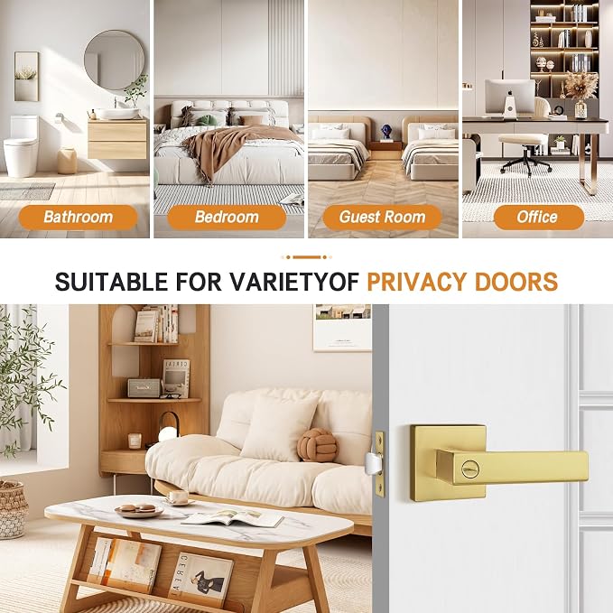 Probrico Interior Flat Square Gold Privacy Door Handle, Heavy Duty Keyless - Image 4