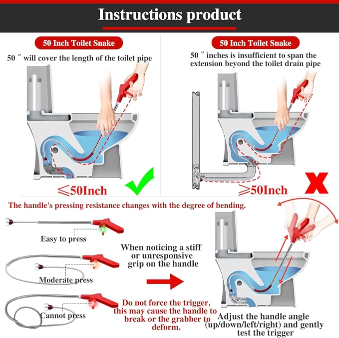 50 Inch Toilet Snake Drain Auger Cleaner Tool, Upgraded Grabber Unclogger Tool - Image 4