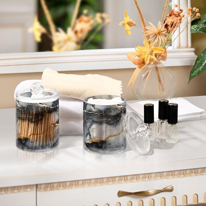 MNSRUU 2 Pack Qtip Holder Organizer Dispenser Abstract Black White Gold Marble - Image 6