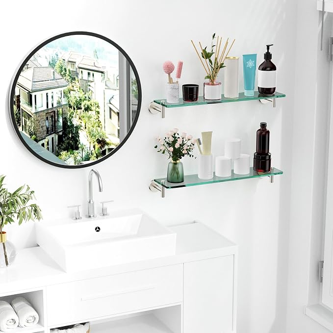 Glass Shelves for Bathroom, 20-Inch Brushed Nickel Floating Bathroom Shelf - Image 2