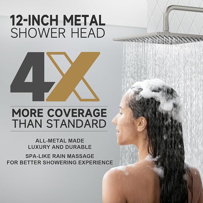 Lava Odoro 12-inch Modern Square Shower Faucet Set Brushed Nickel, Shower Trim - Image 5