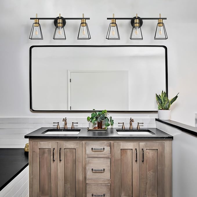 Industrial Bathroom Vanity Lights: 3-Light Black and Gold Vintage Metal Cage - Image 4