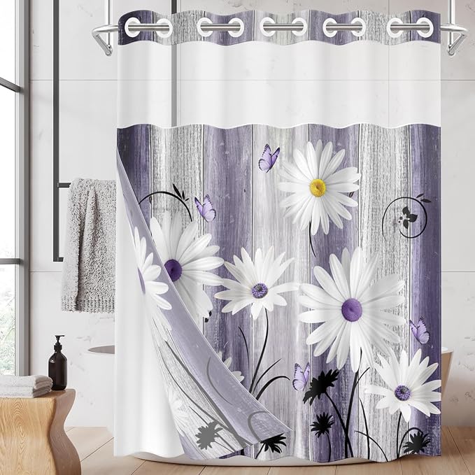 No Hook Flower Daisy Shower Curtain by Nesphy