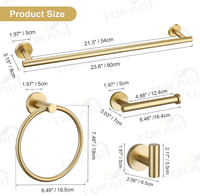 TQKAG 5 Piece Bathroom Accessories Set Brushed Gold Bathroom Hardware Set 23.6 - Image 6