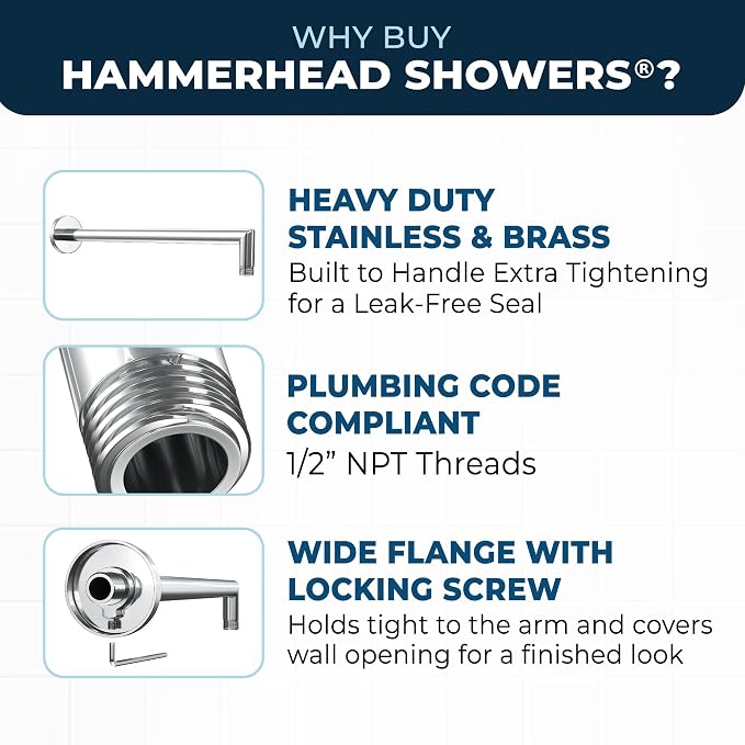 HammerHead Showers® Solid Metal 16 Inch Extended Shower Arm and Flange - Image 2