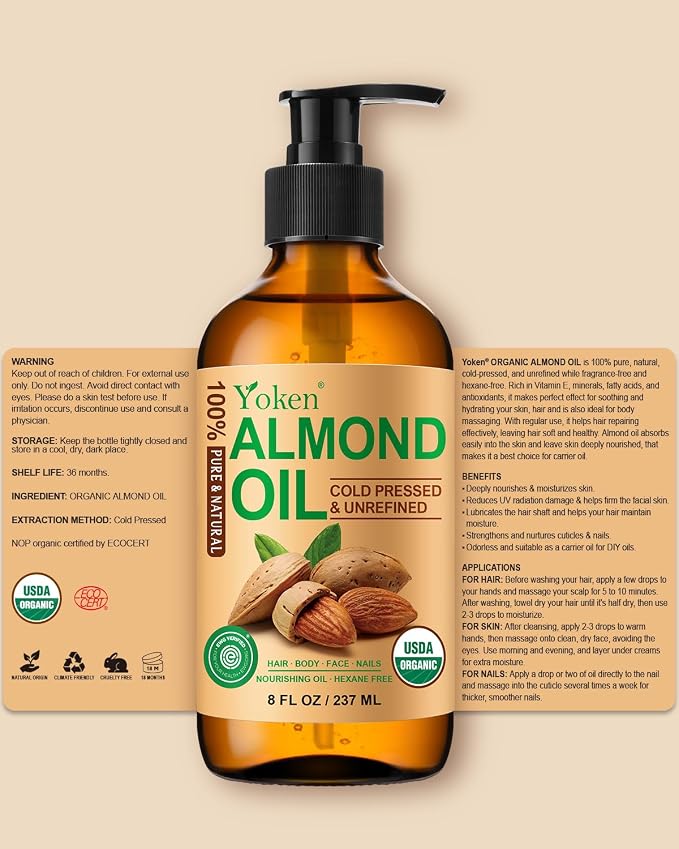 Organic Almond Oil 8 fl oz, USDA 100% Pure Natural Cold Pressed Almond Oils in - Image 7