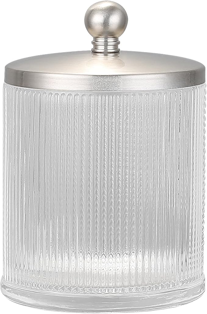 Clear Transparent Apothecary Ribbed Geometric Etched Glass Jar W/Satin Nickel by IndecorHome