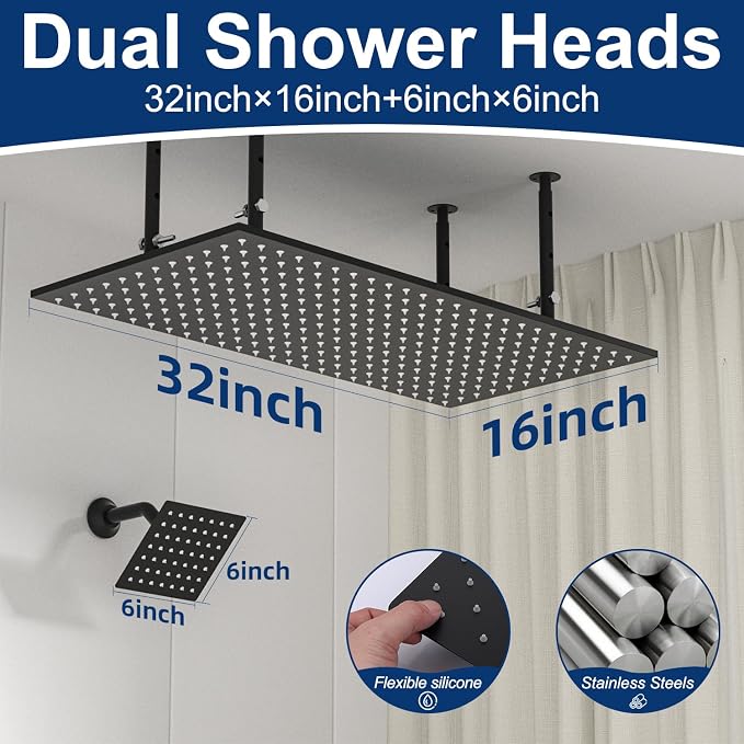 Dual Shower Heads System 16"x32" Ceiling Mount Rainfall and 6" Wall Mounted - Image 6