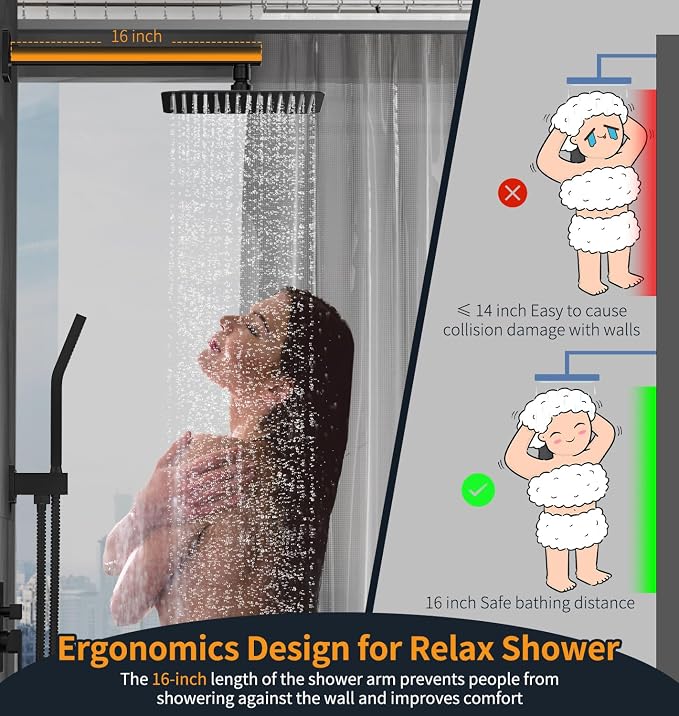 SR SUN RISE Black Square Rainfall Shower Head and Handle Set, Wall Mounted - Image 6
